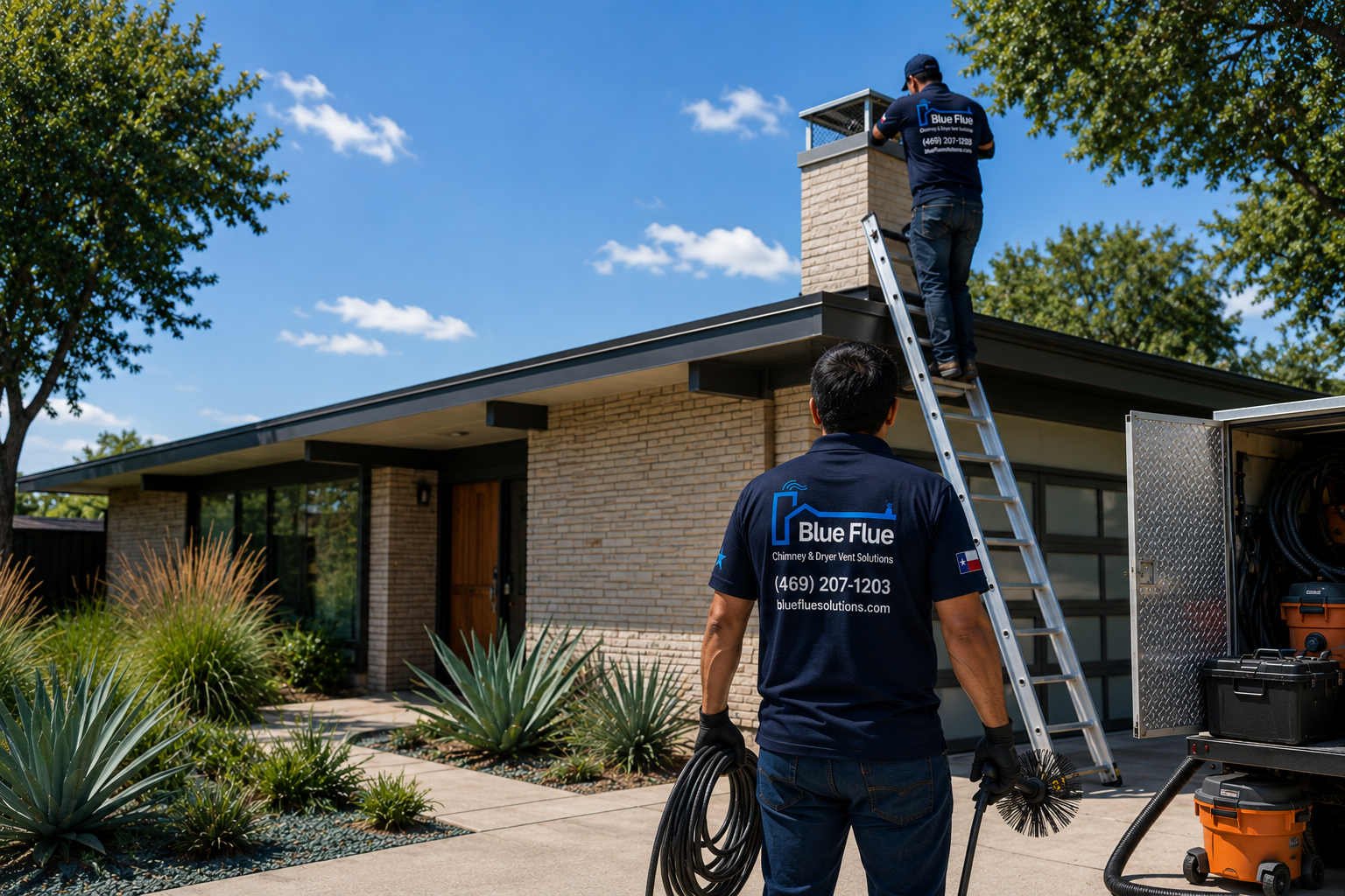 Blue Flue Solutions team performing chimney service in Texas